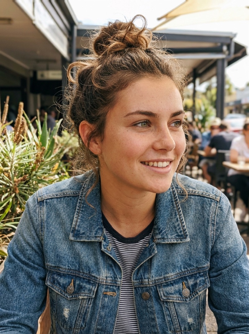 A young woman smiling at a cafe